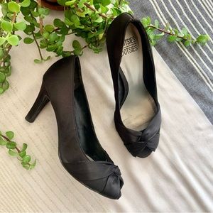 Mootsies Tootsies Black Satin Peep Toe Heels